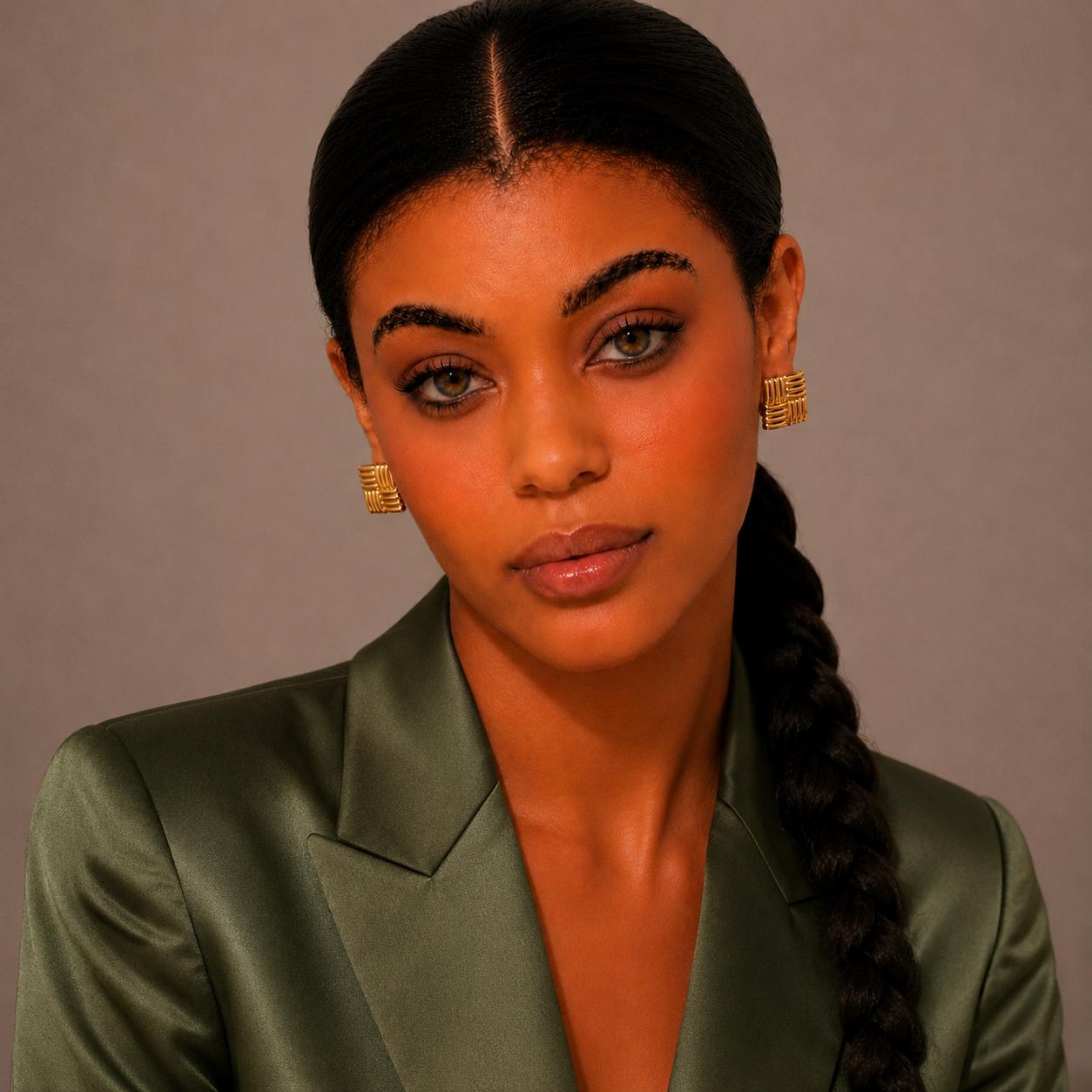 Golden Ribbed Statement Stud Earrings