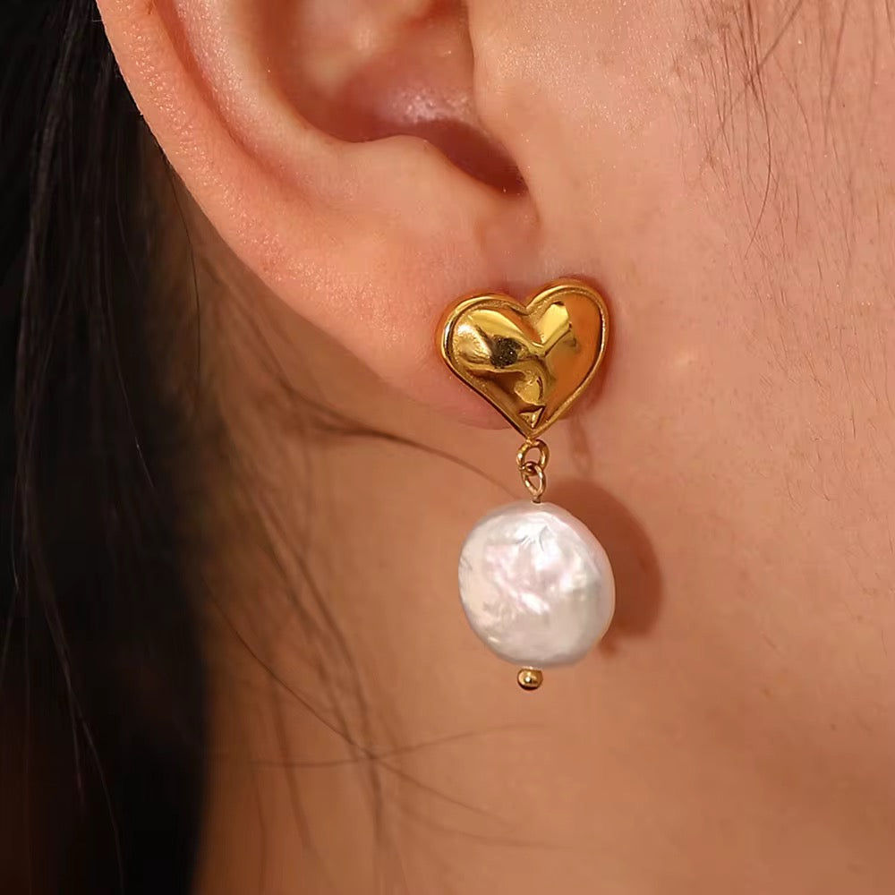 Gold Heart  and Pearl earrings