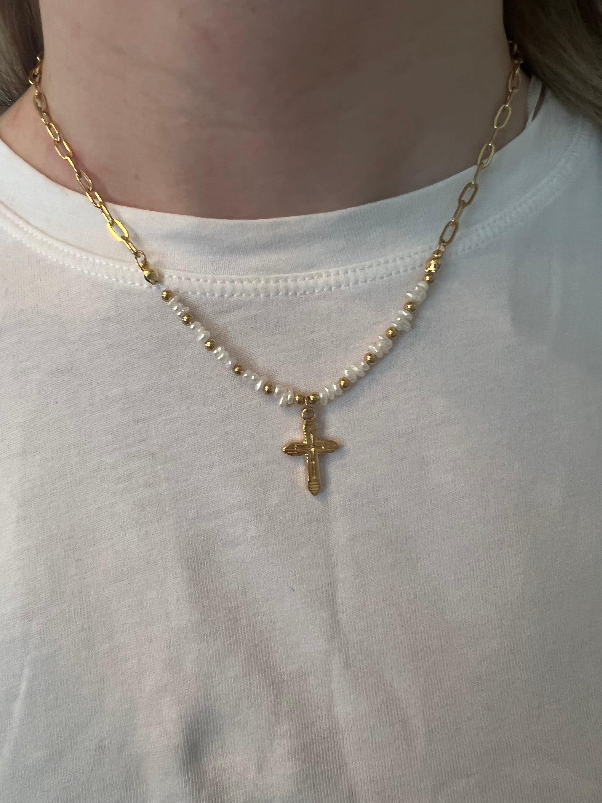 White Gold Cross Necklace | Pearl Cross Necklace | Magnomia